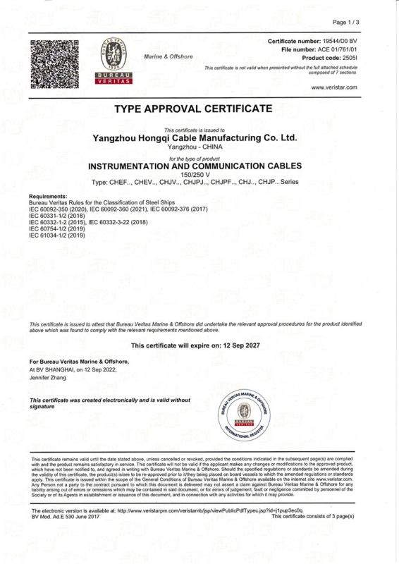 BV儀表通信電纜認可證書